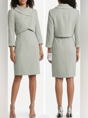 NWT Tahari Arthur SL| Silver Sage Pearl-Trimmed Dress & Jacket Suit Set | Sz 2